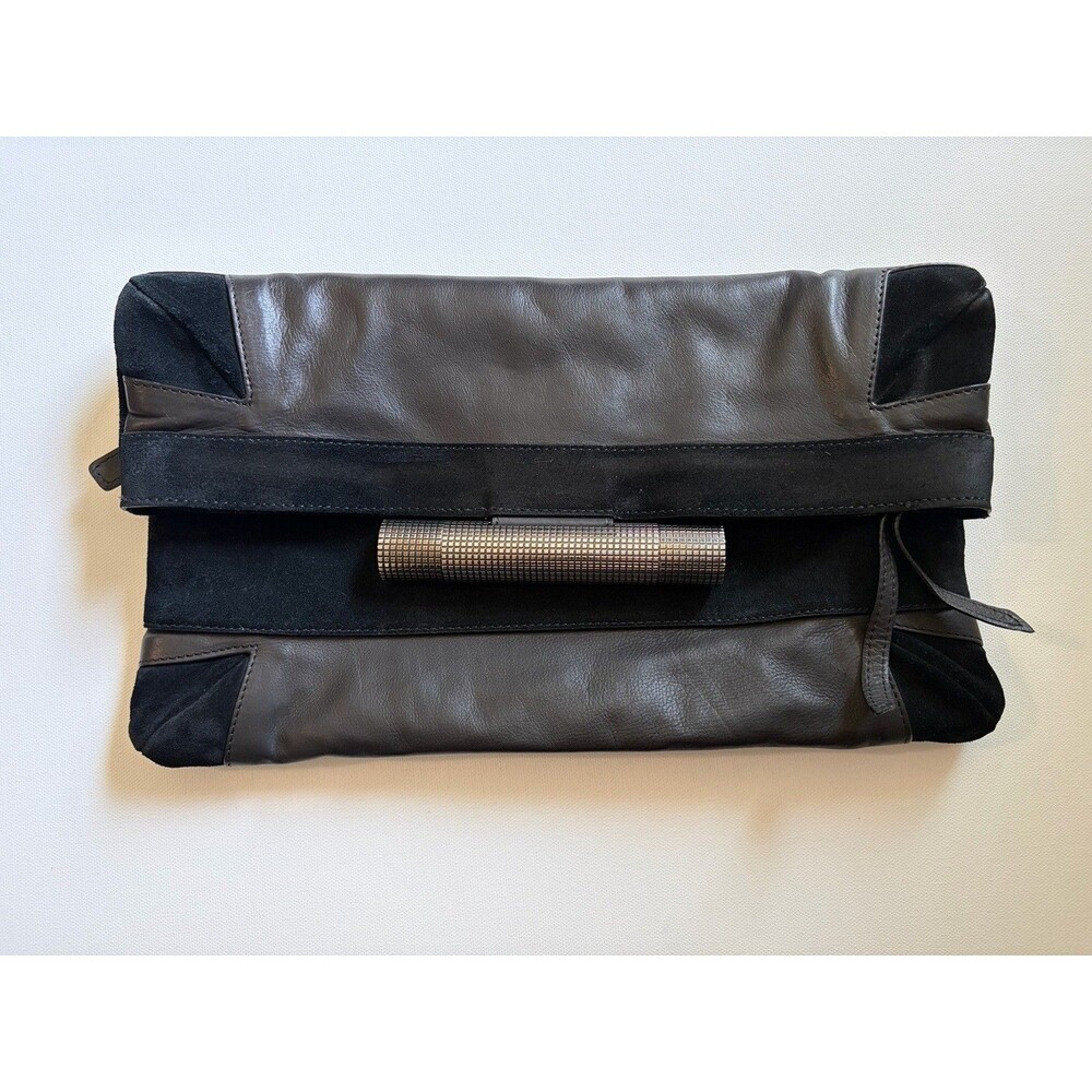 Devi Kroell Black Leather Suede Foldover Clutch Bag Purse Evening Cocktail Italy
